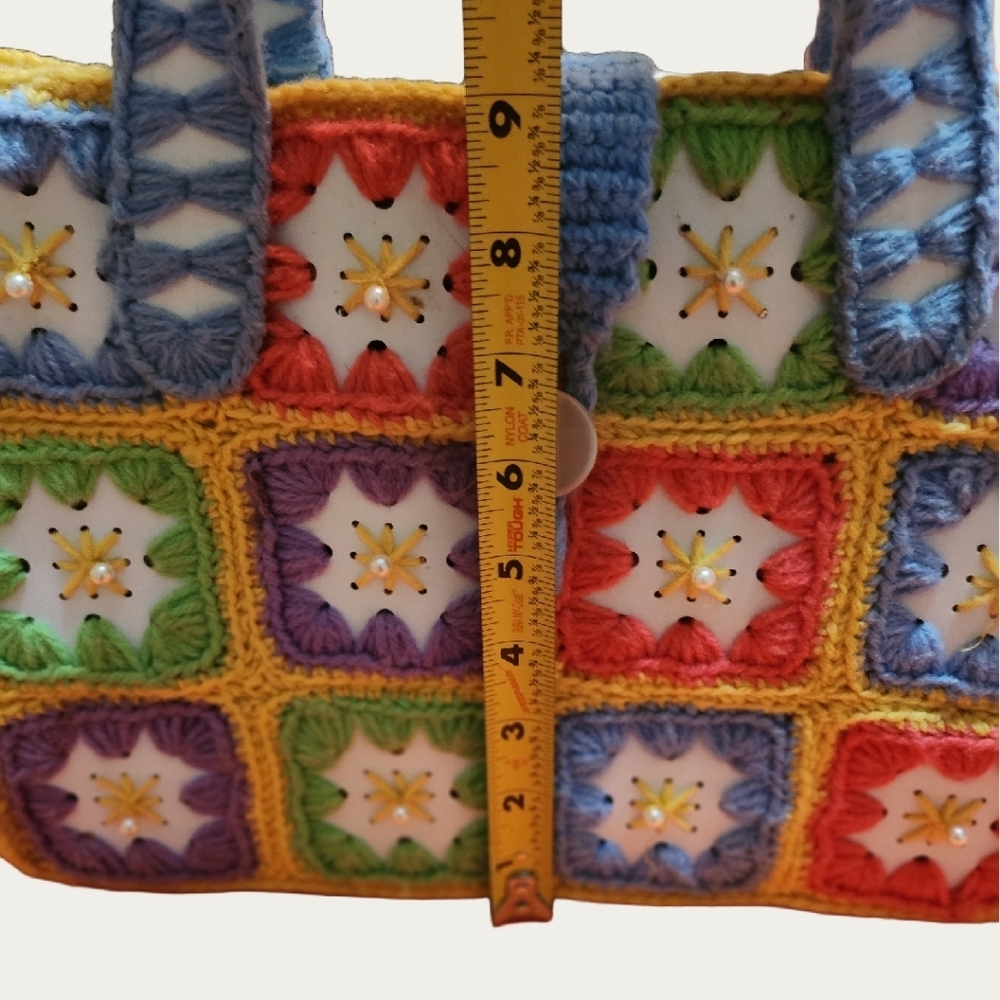 Bohemian VINTAGE  Colorful CRAFTED Crochet Tote Bag - Picture 10 of 16